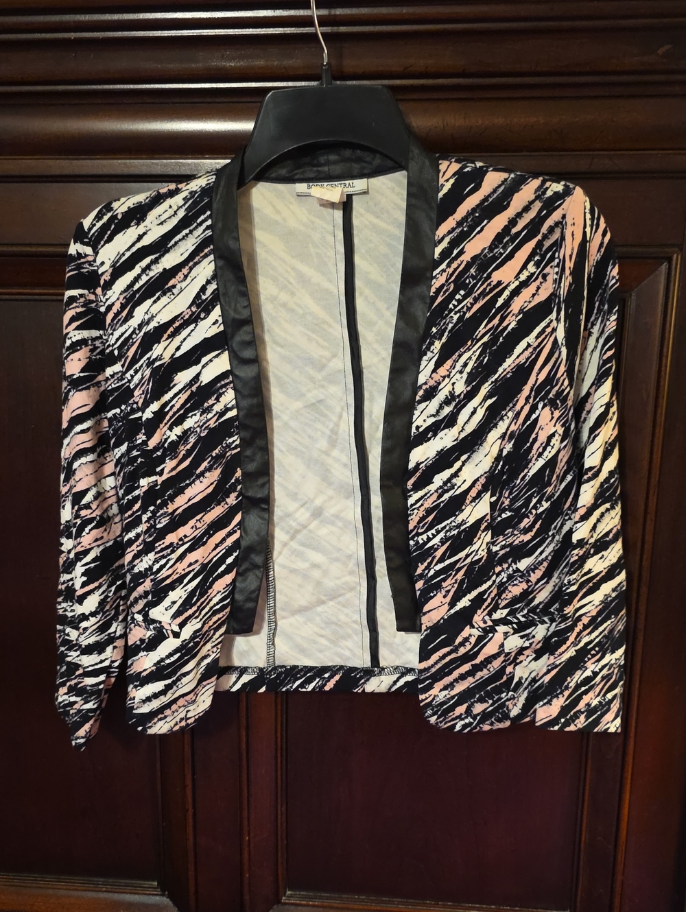 Body Central Pink, Black, and White Striped Open-Front Blazer